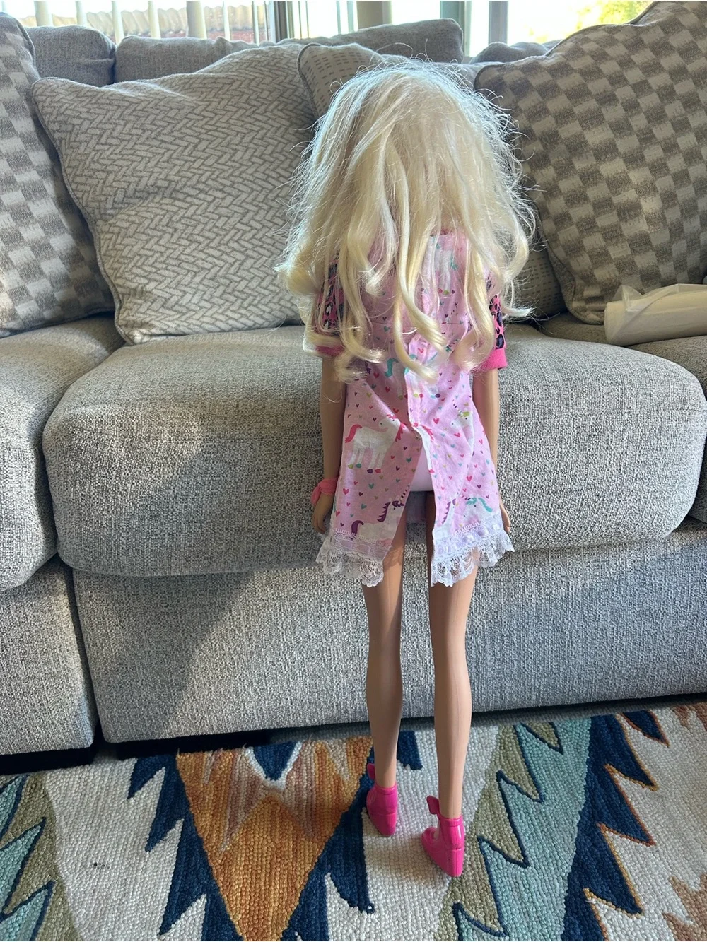 Barbie Blonde Doll in Pink Unicorn Dress with Hot Pink Shoes